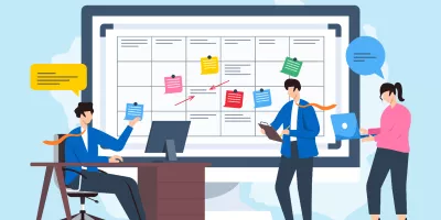 Illustration d’équipe collaborant sur un planning du personnel avec notes autocollantes sur un grand écran