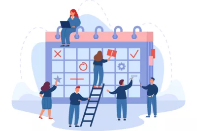 Illustration eines HR-Teams, das mit einer Aktivitätsmanagement-Software arbeitet.