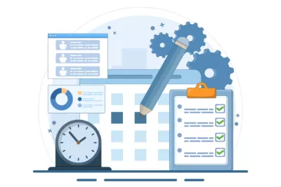 Gestion du temps et du planning du personnel avec une grande horloge, un calendrier et des graphiques de performance
